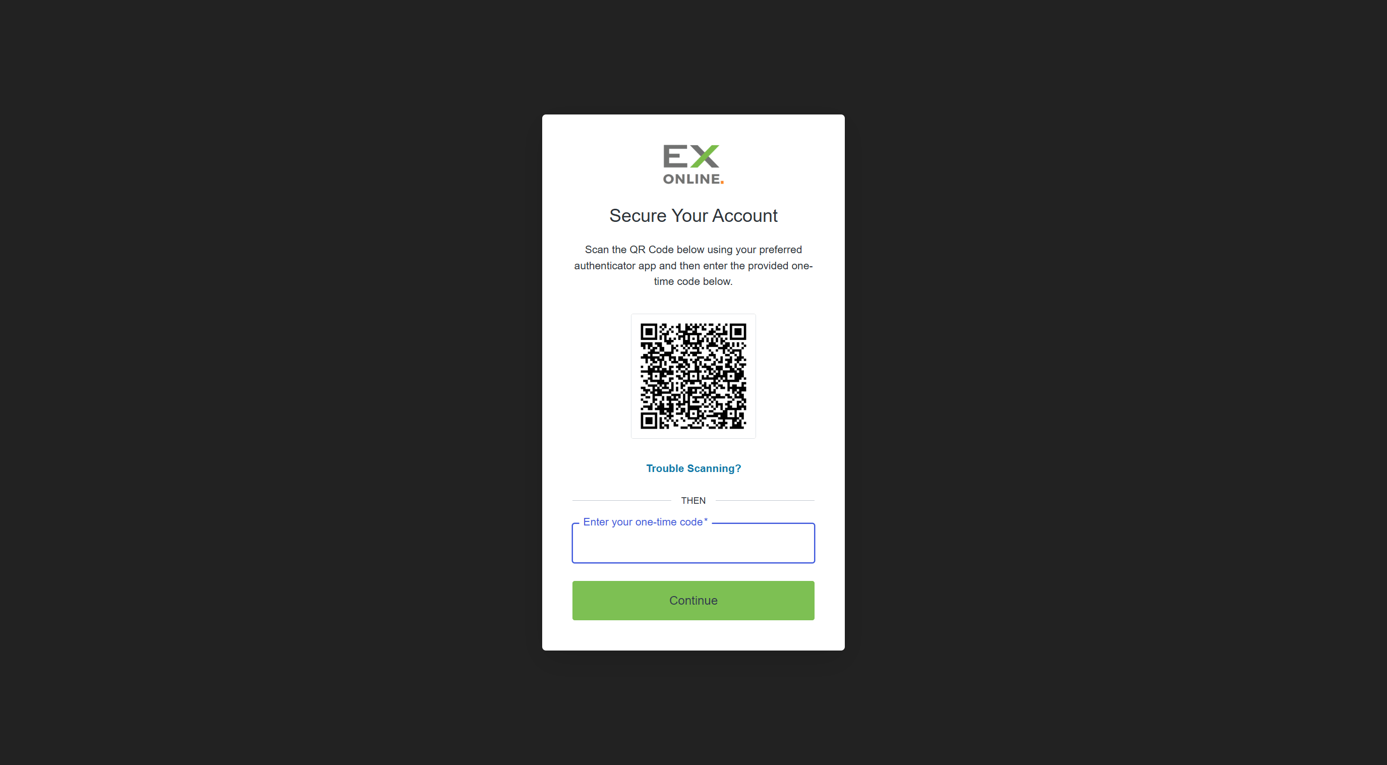 MFA enrolment screen showing QR code and one-time code field