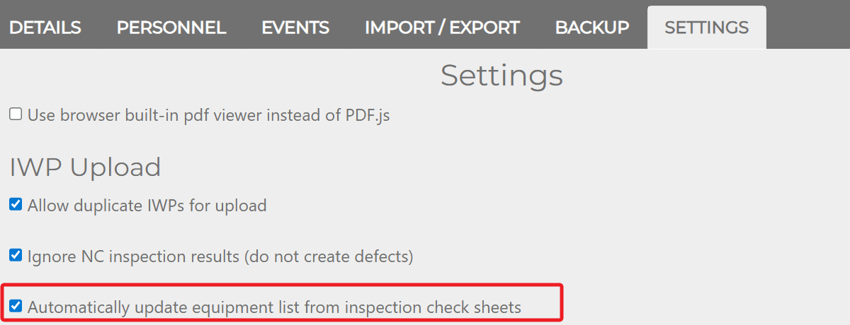 Project Settings — IWP Upload section