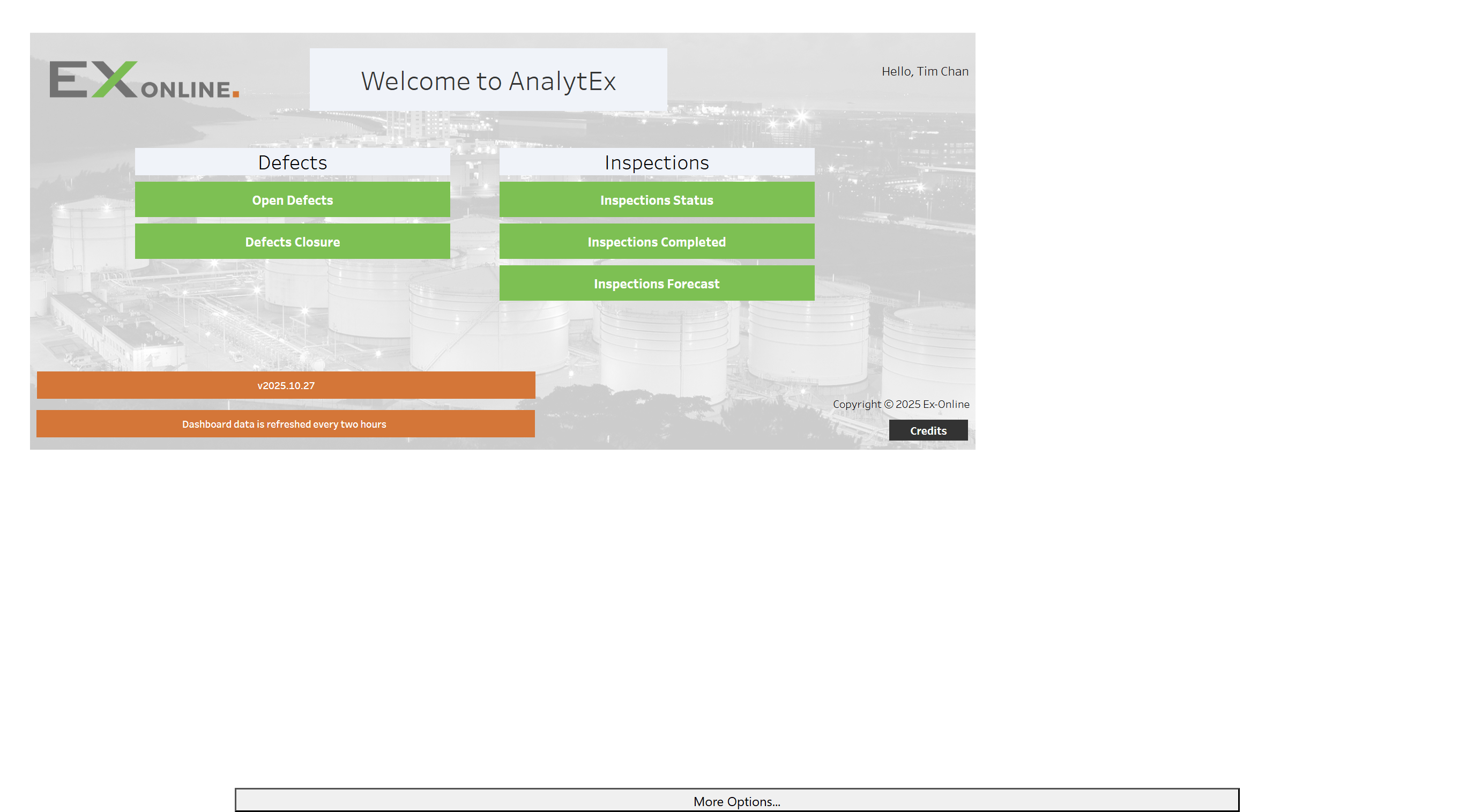 AnalytEx home screen with dashboard choices