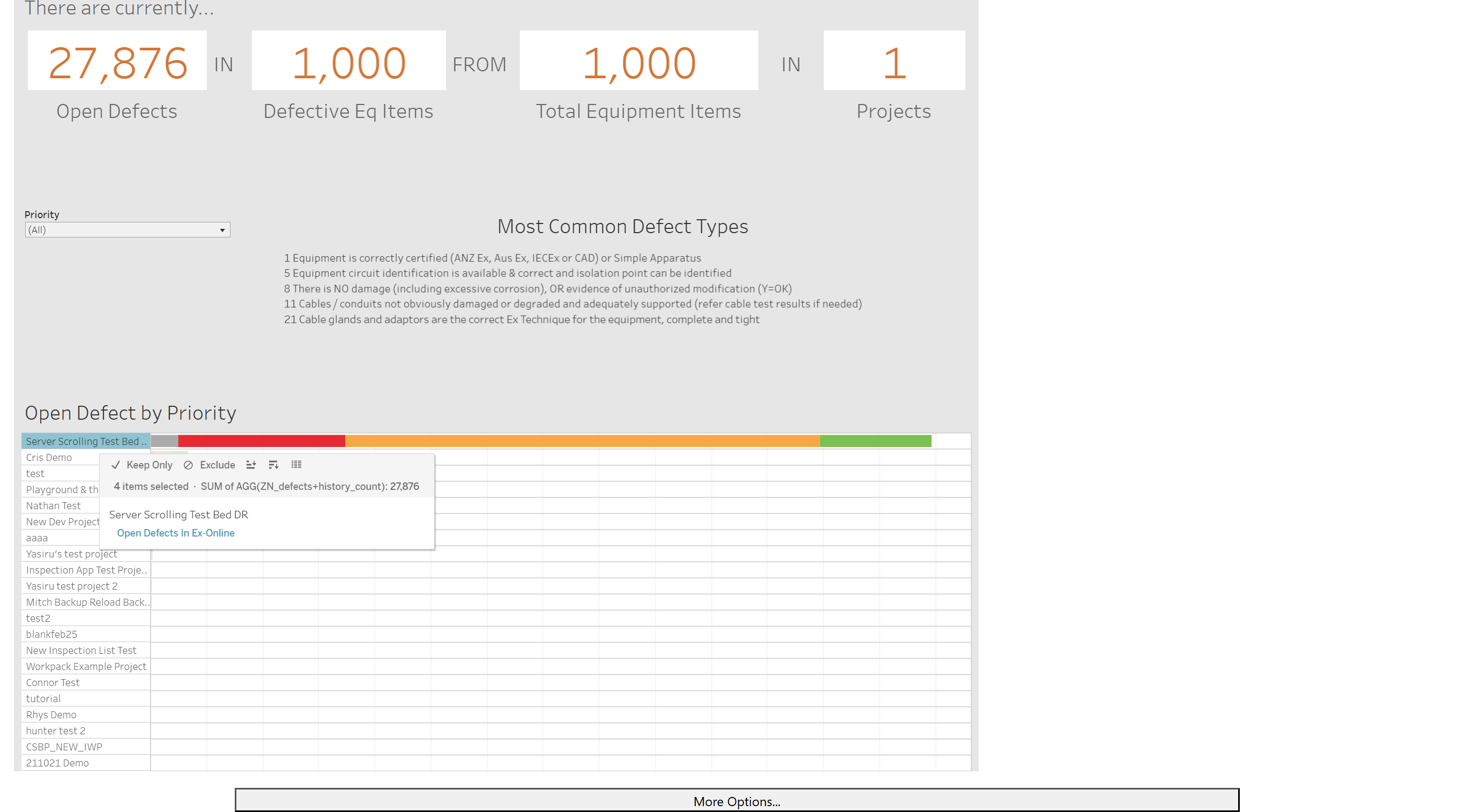 Open Defects — click a chart mark, action menu