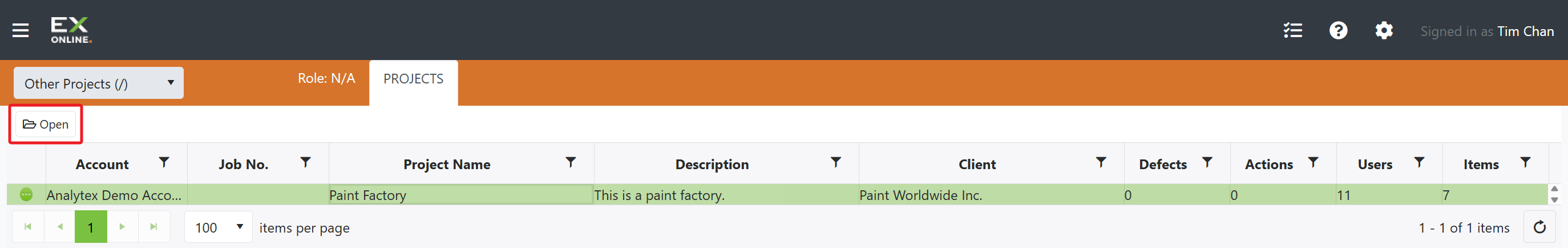 Select a project and click Open