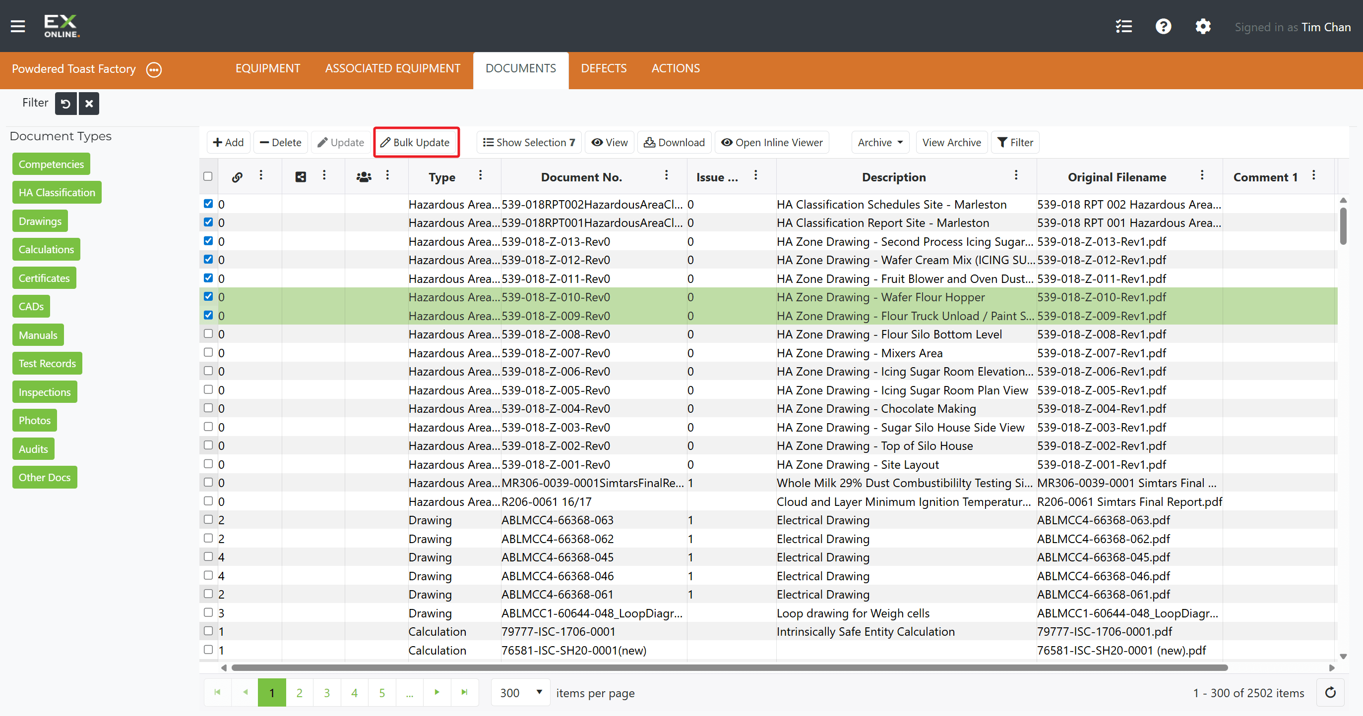 Documents selected — click Bulk Update in the toolbar