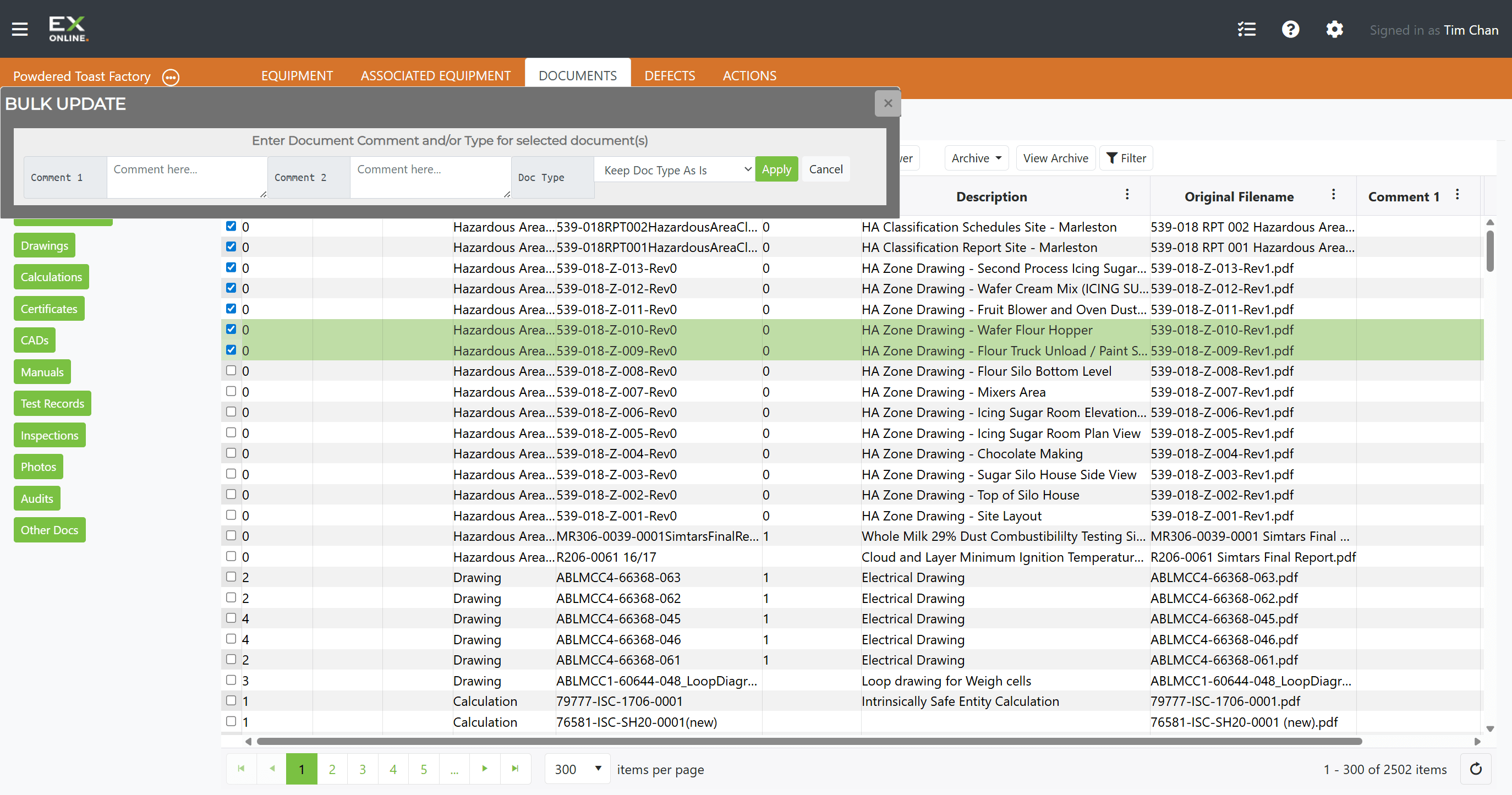 Bulk Update dialog with Comment and Doc Type fields
