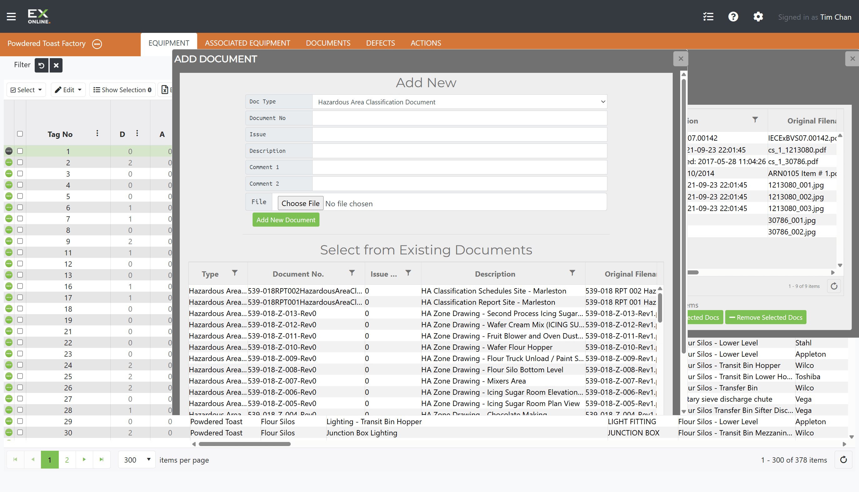 Add Document dialog with Add New form and existing documents list