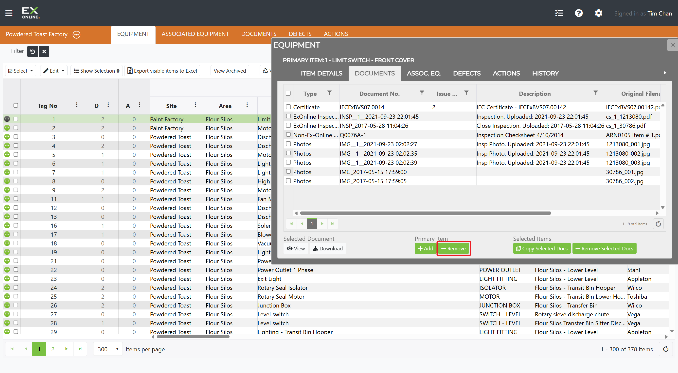 Equipment Window Documents tab with Remove button highlighted