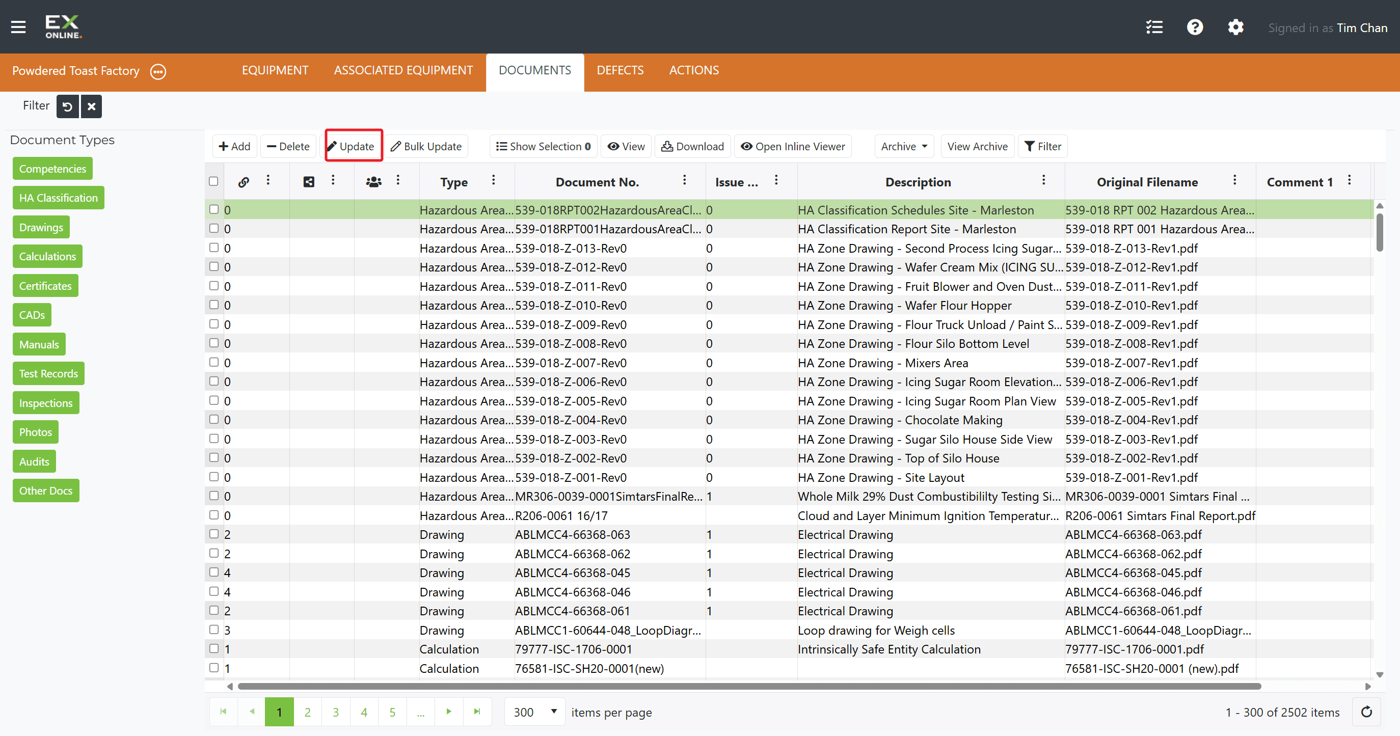 Document selected — click Update in the toolbar