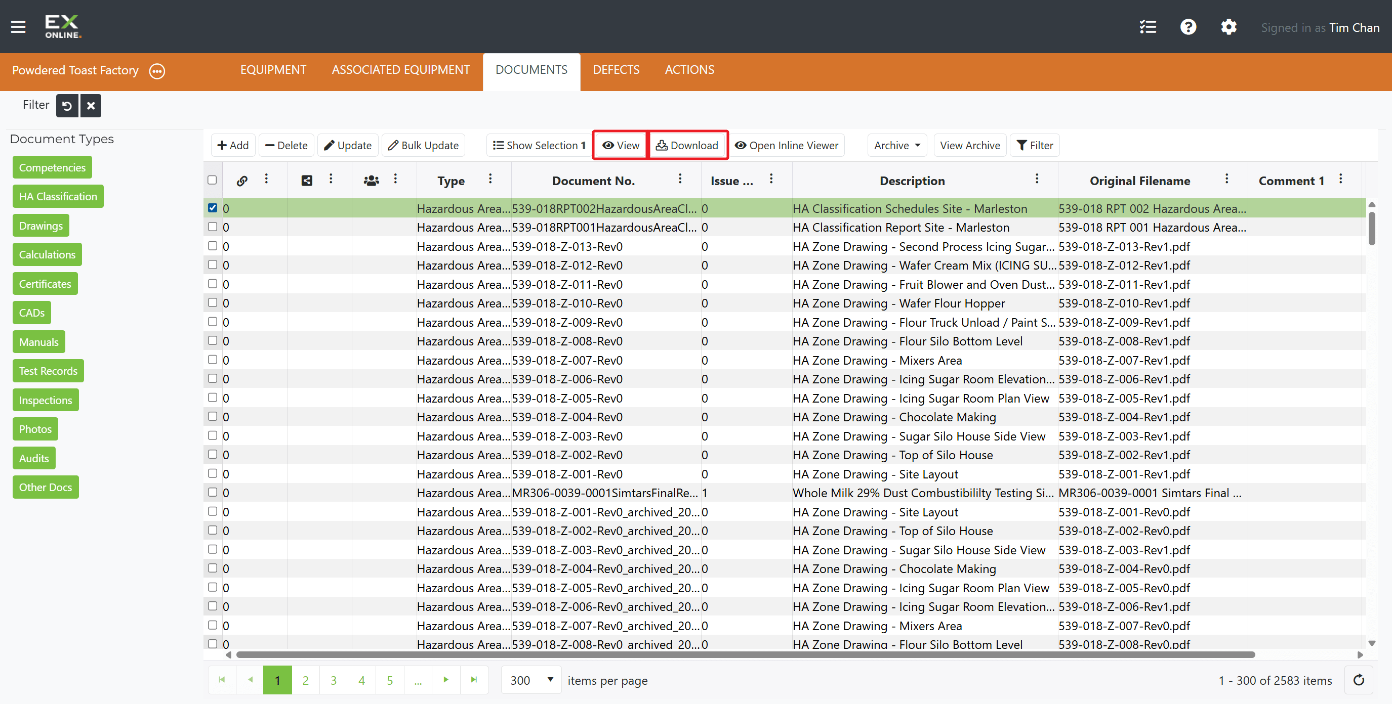 Documents toolbar with View and Download highlighted