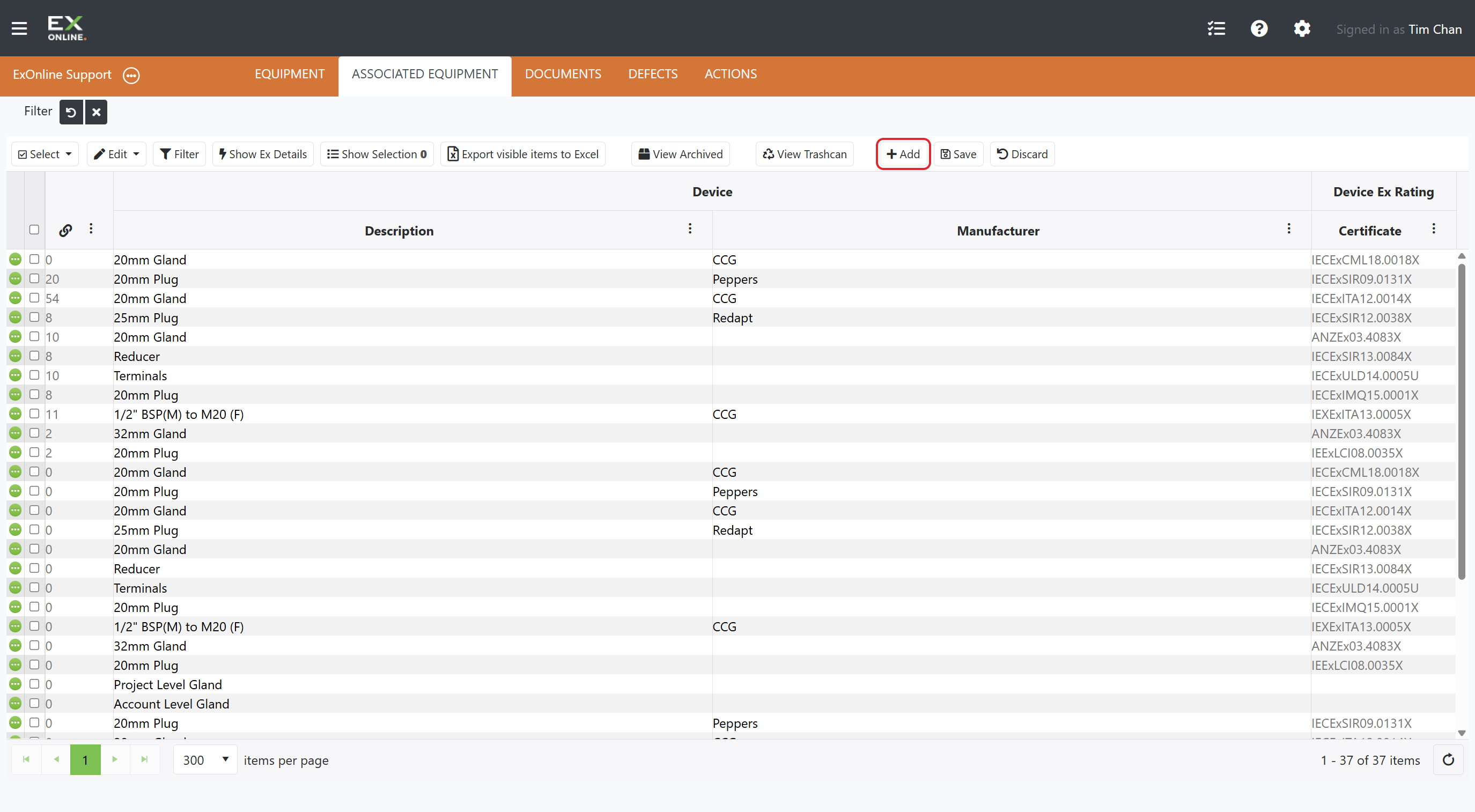 ASSOCIATED EQUIPMENT tab with the + Add button highlighted