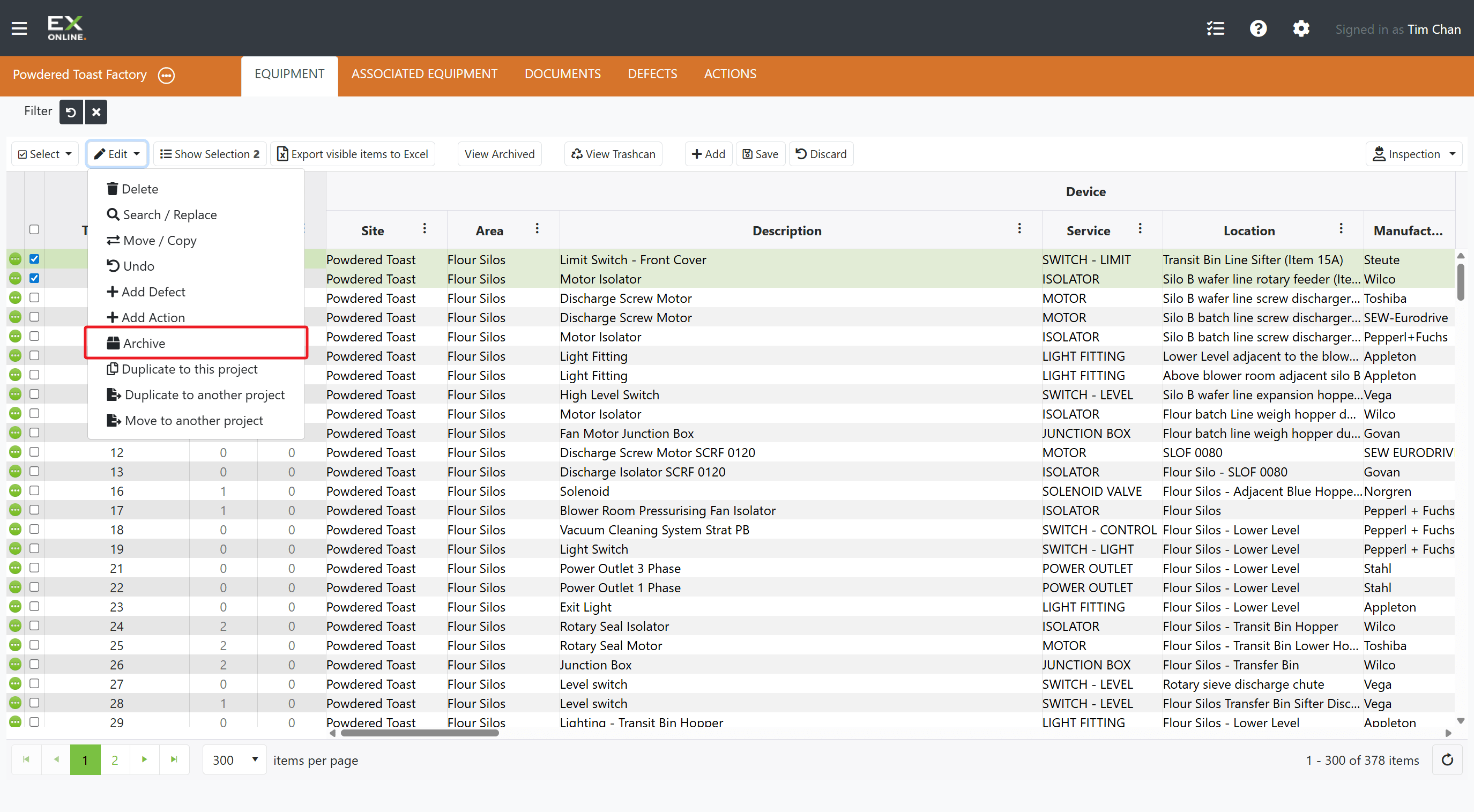 Edit menu with Archive highlighted