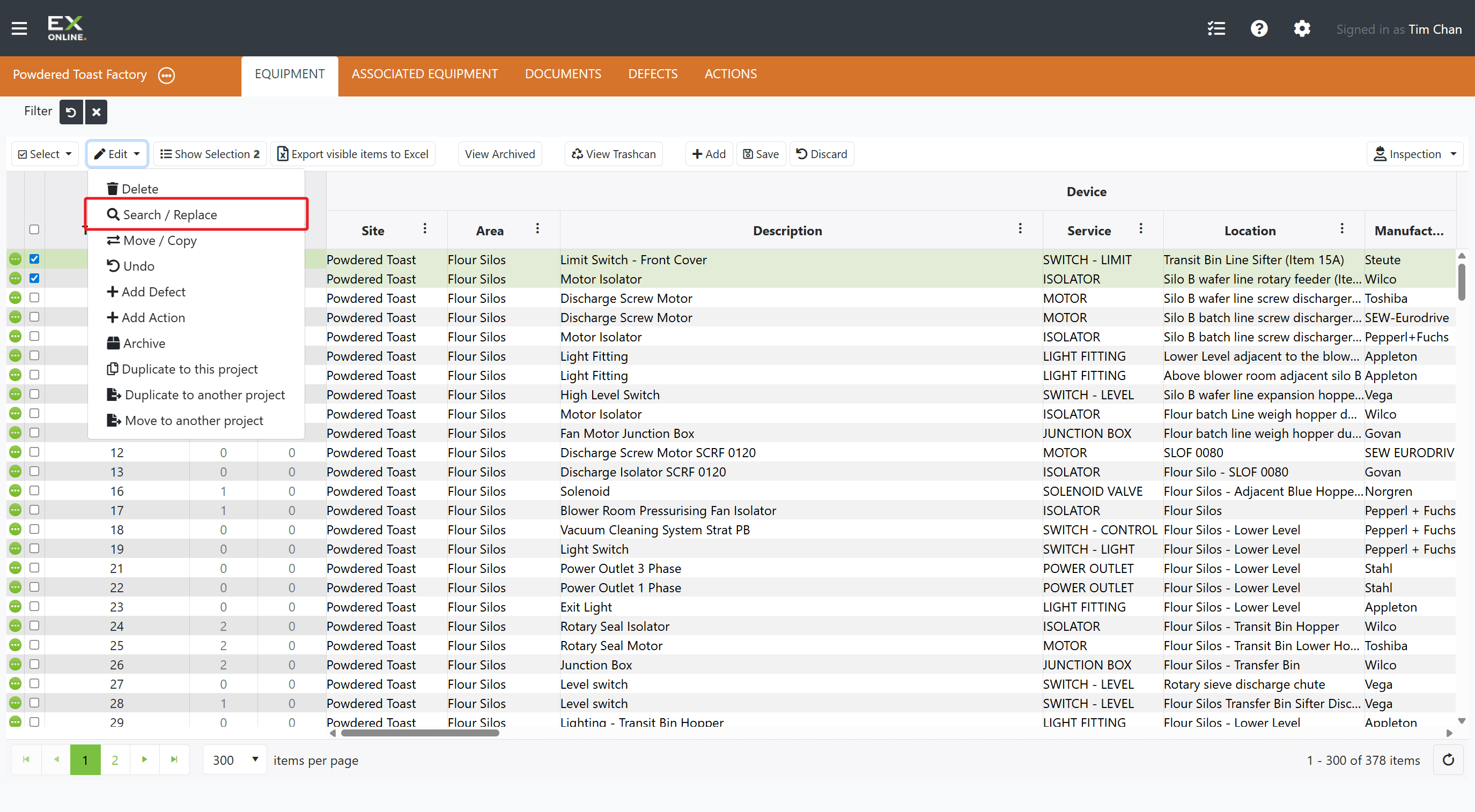 Edit menu with Search / Replace highlighted
