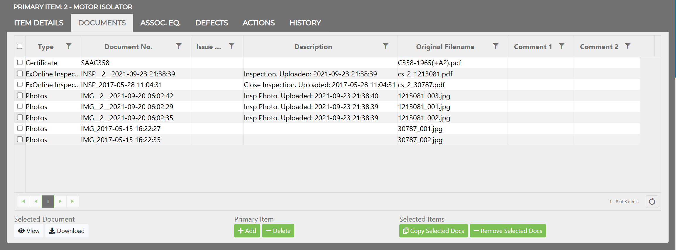 Equipment Window Documents tab