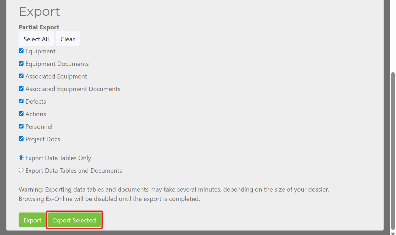 Export section with Export Selected button highlighted