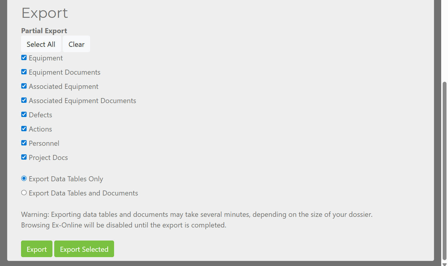 Export section on the IMPORT / EXPORT tab