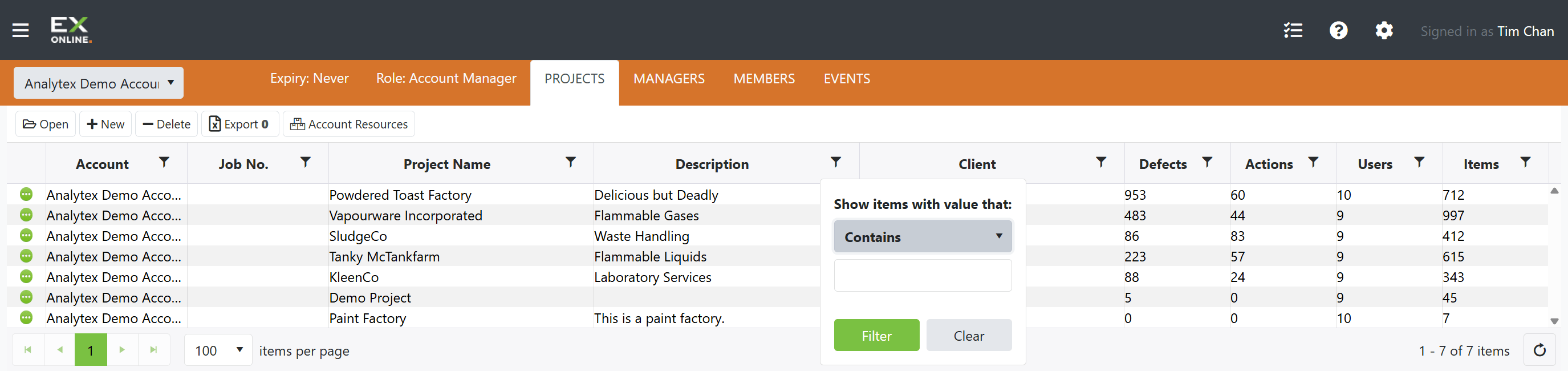 Accounts Page project grid with Filter icons on each column