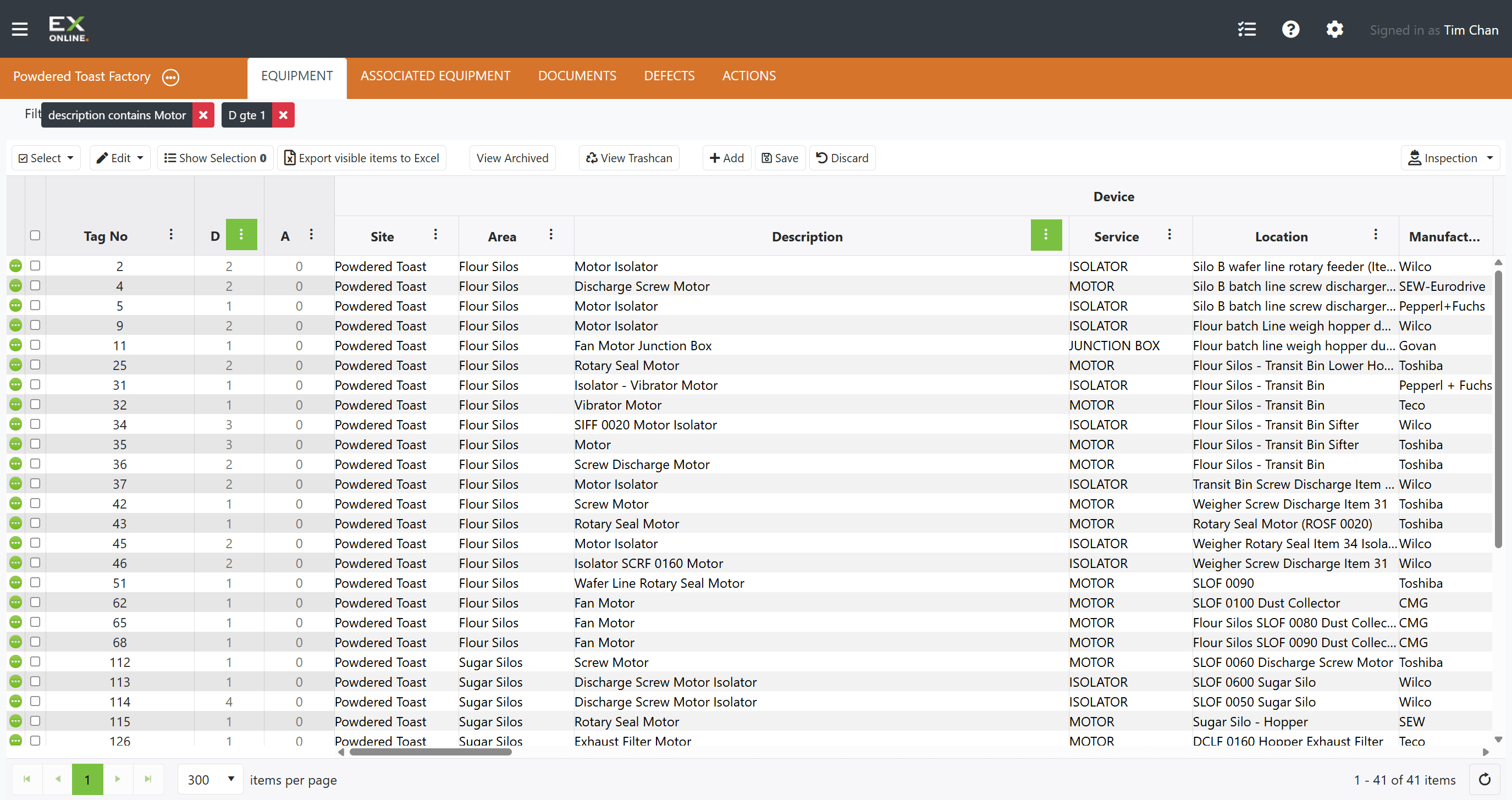 Tag Browser equipment grid with Filter Bar