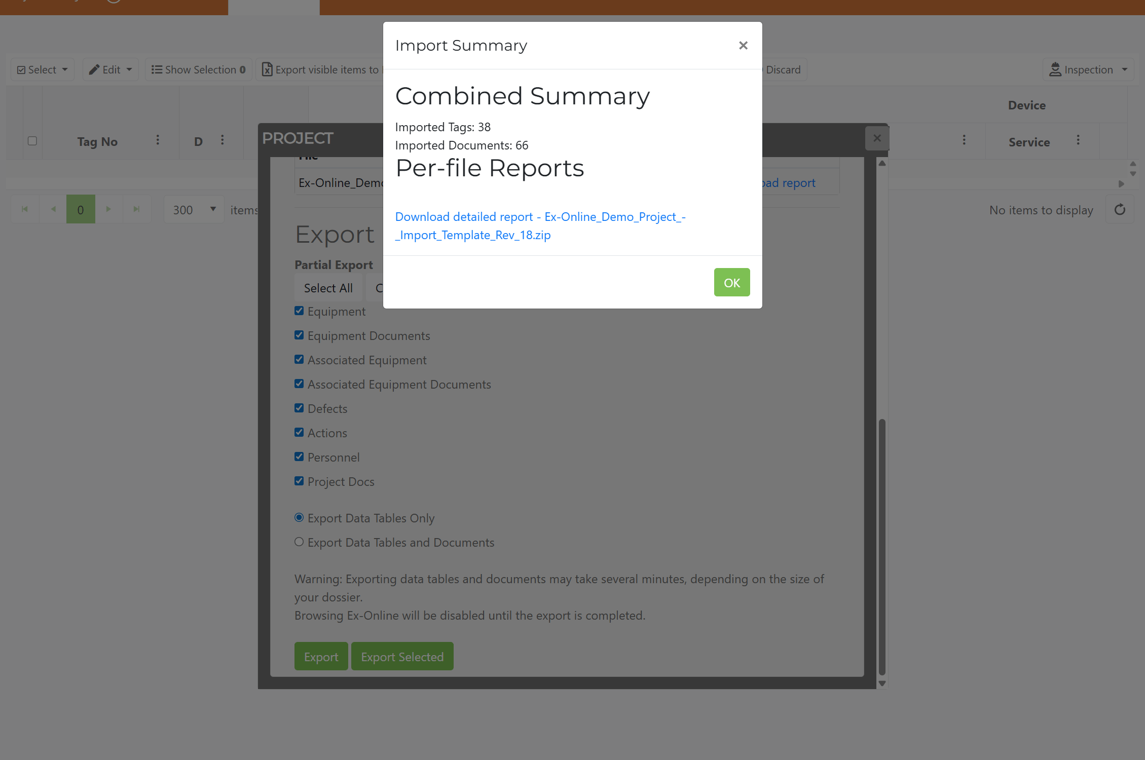 Import summary showing imported tags and documents