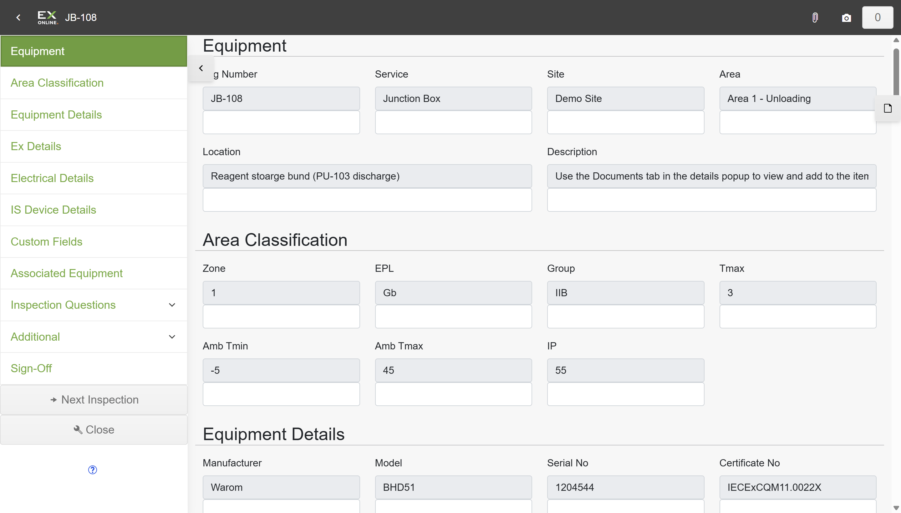 Check sheet open in the Inspection App with the Equipment section and sidebar navigation visible