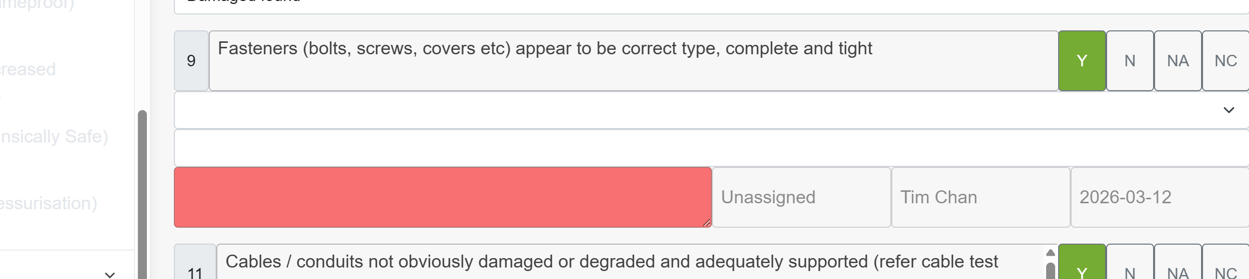 Previous defect row below question 9 — pink severity bar, Unassigned status, Tim Chan, 2026-03-12