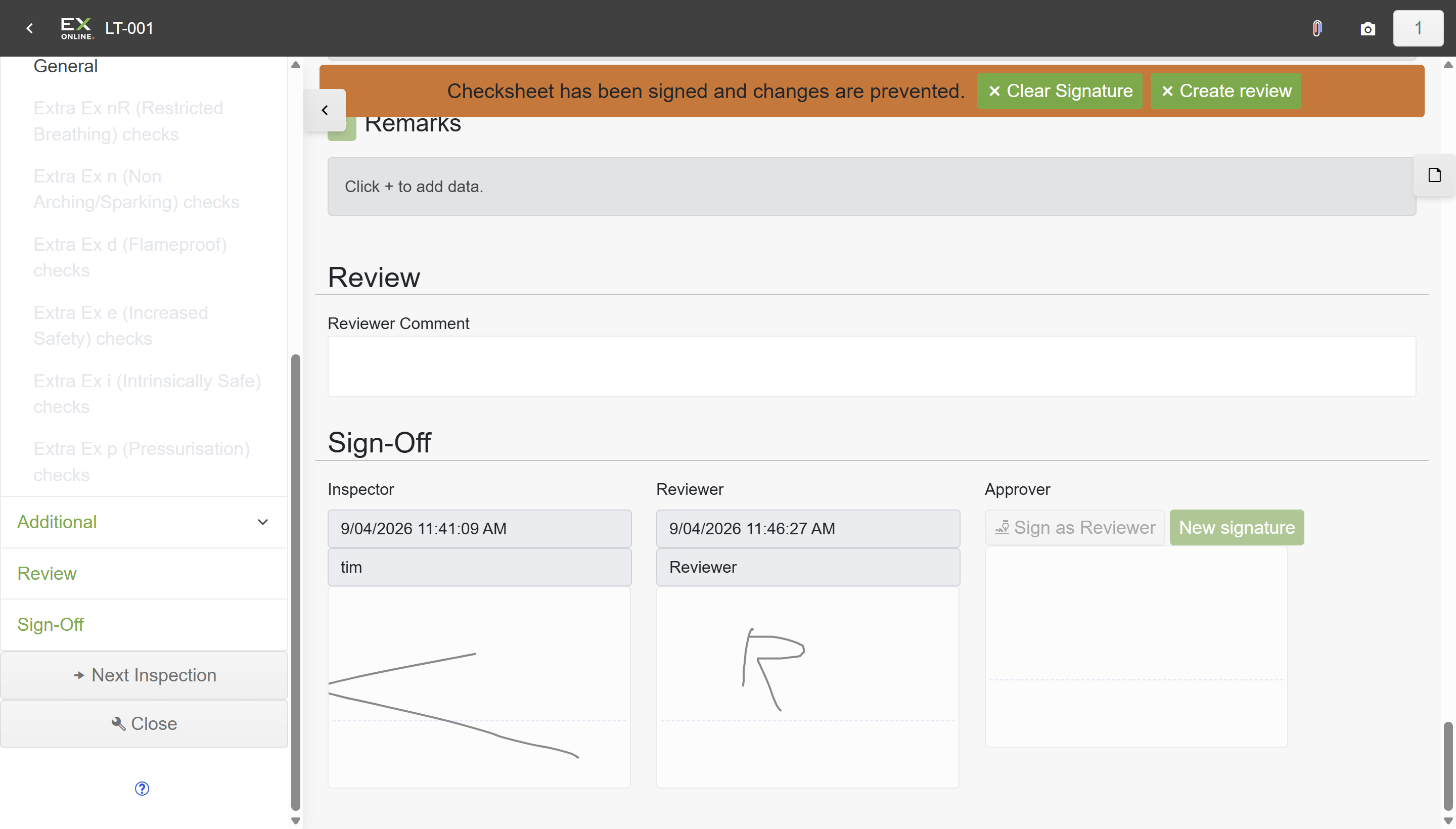 Reviewer signed — Inspector and Reviewer columns filled, Approver column with Sign as and New signature buttons