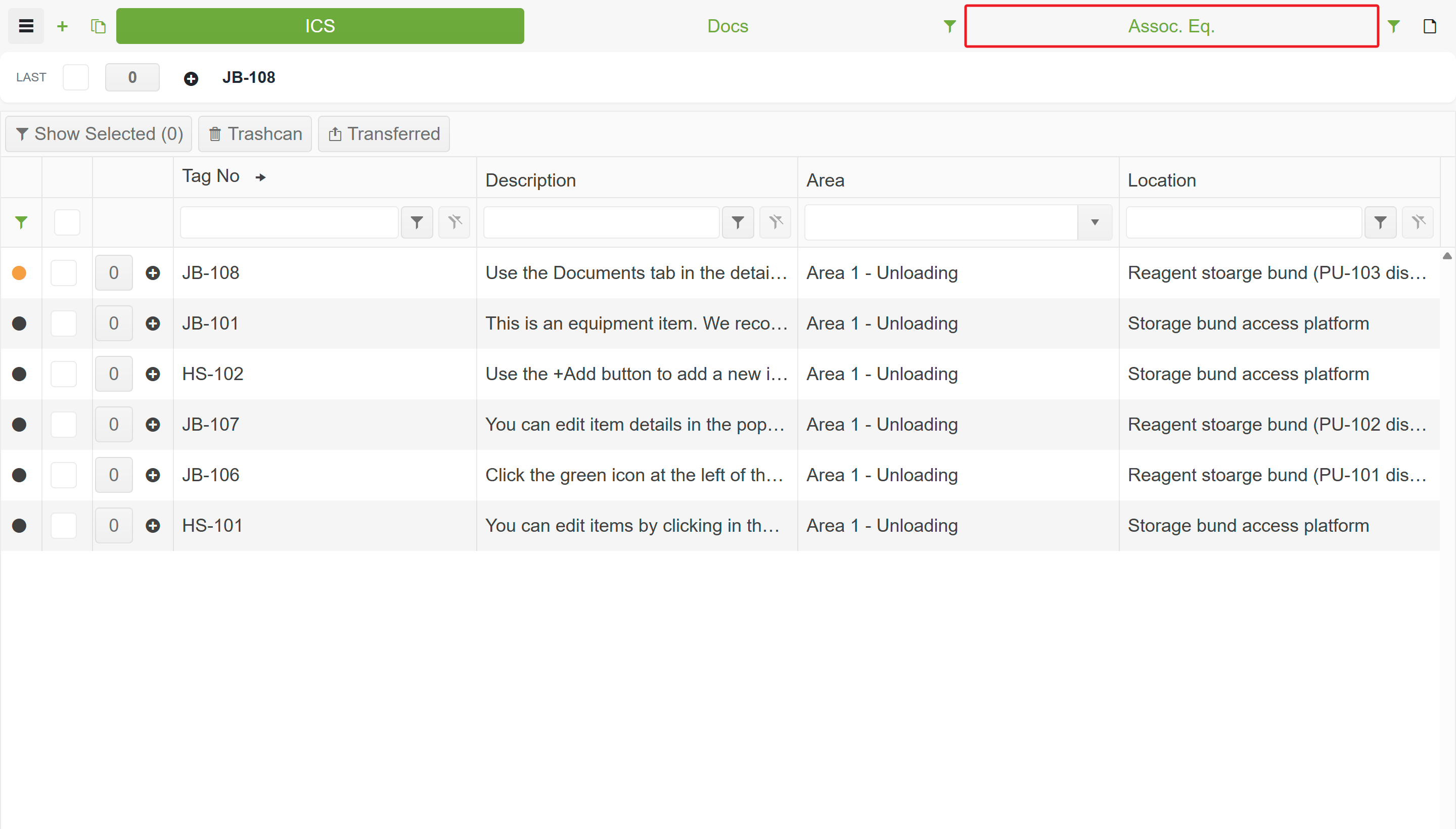 Equipment Browser — Assoc. Eq. tab selected in the view tabs