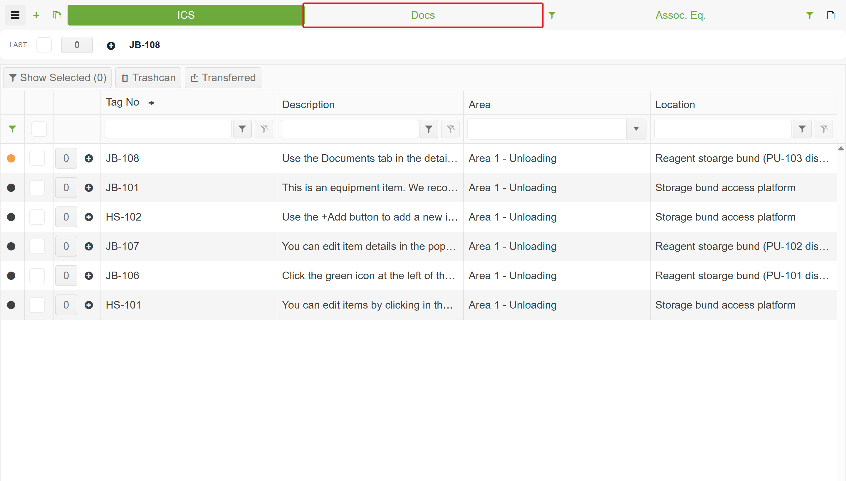 Equipment Browser — Docs tab selected in the view tabs