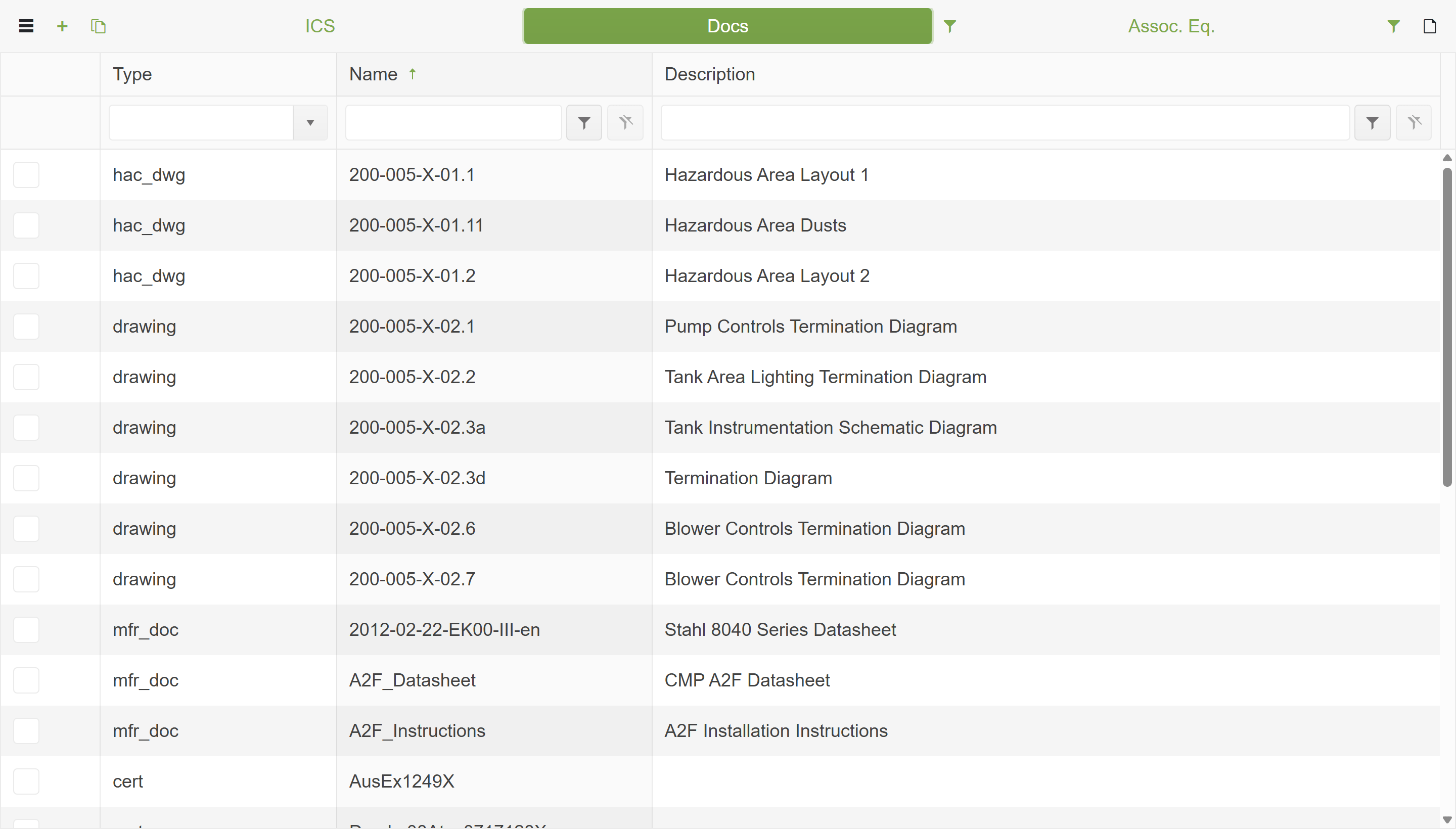 Equipment Browser Docs tab showing a list of documents with Type, Name, and Description columns