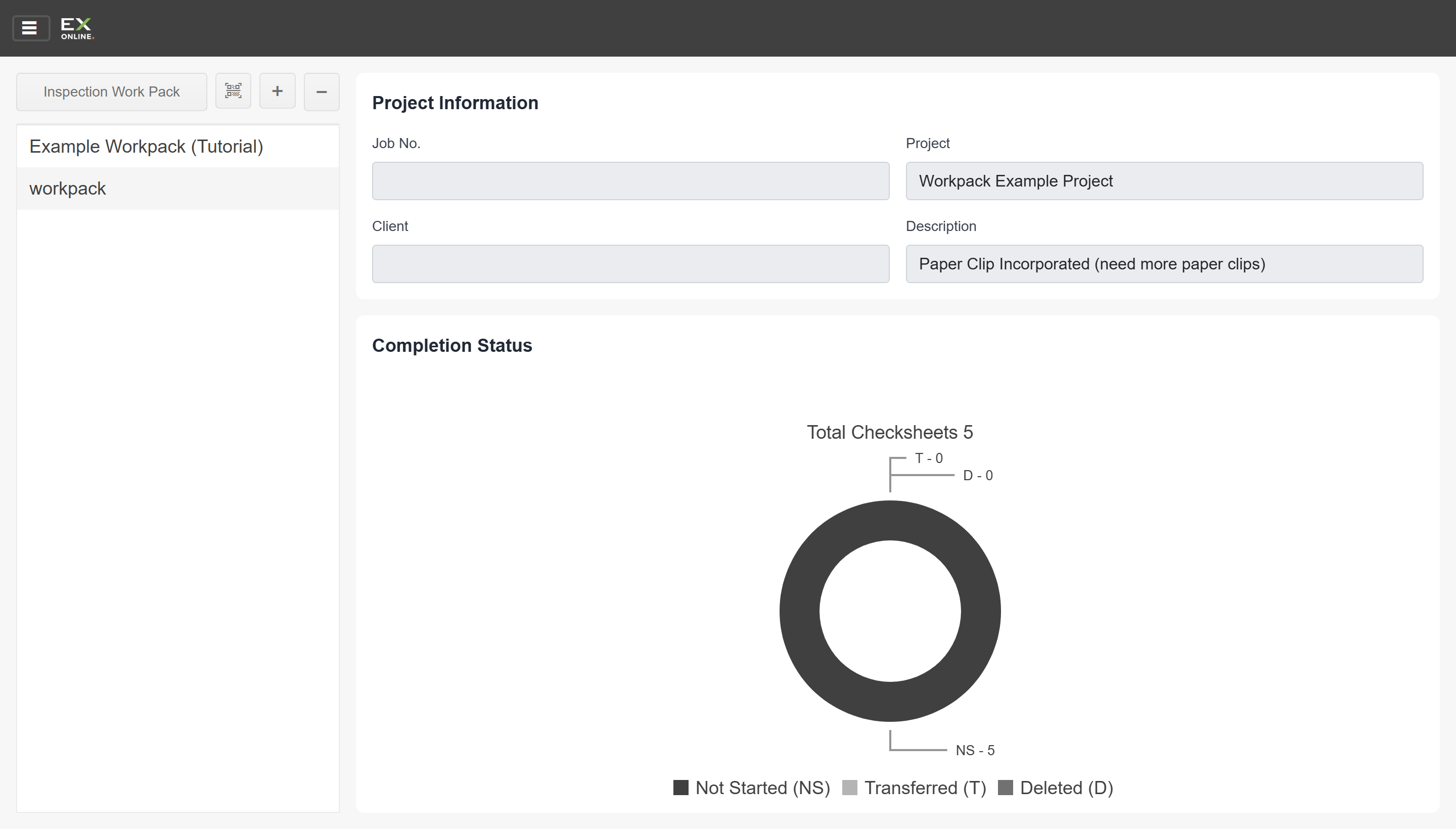 Main screen — sidebar menu, loaded work packs, and completion pie chart