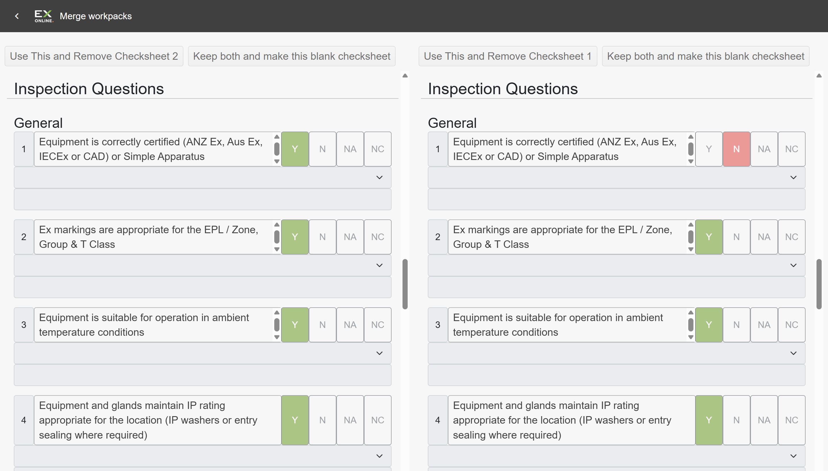 Side-by-side conflict detail showing both check sheets with resolve action buttons