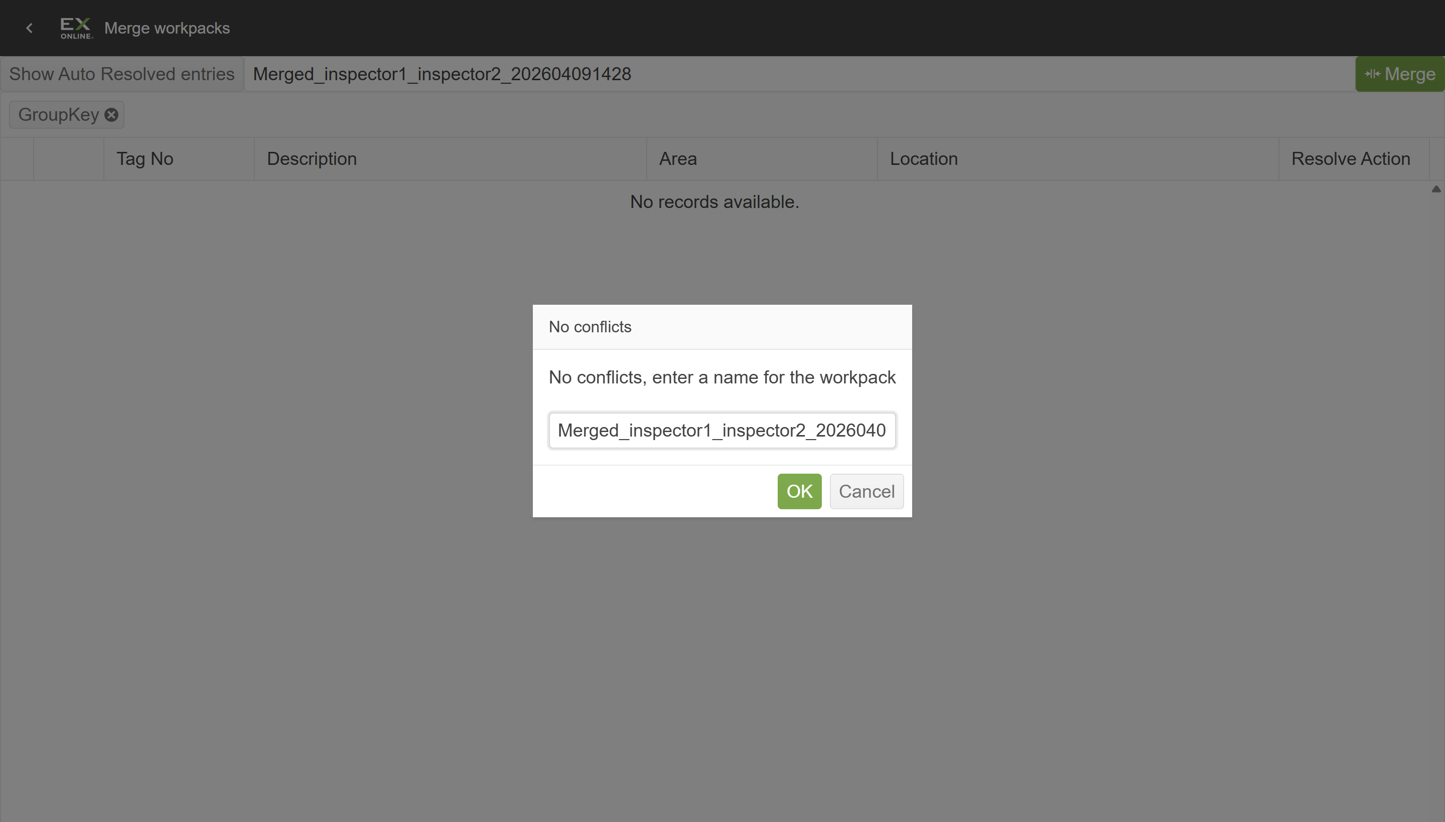 No conflicts dialog with a default merged work pack name