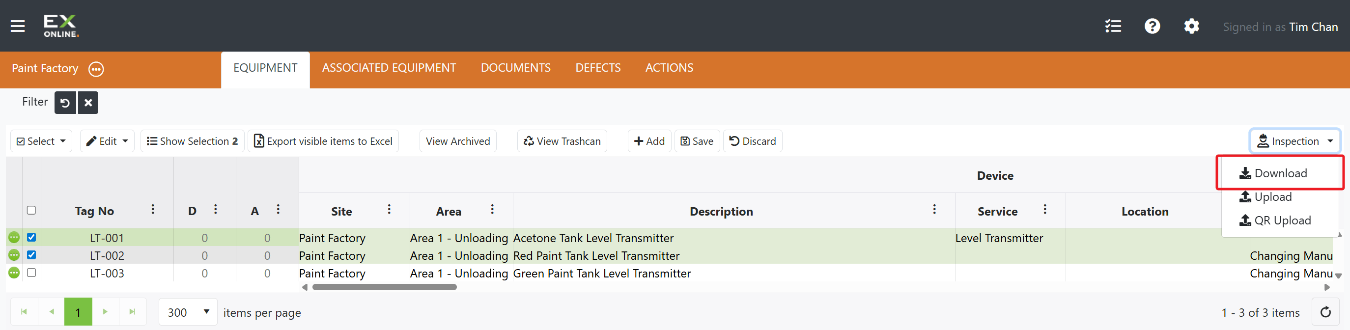 The Inspection dropdown showing Download, Upload, and QR Upload