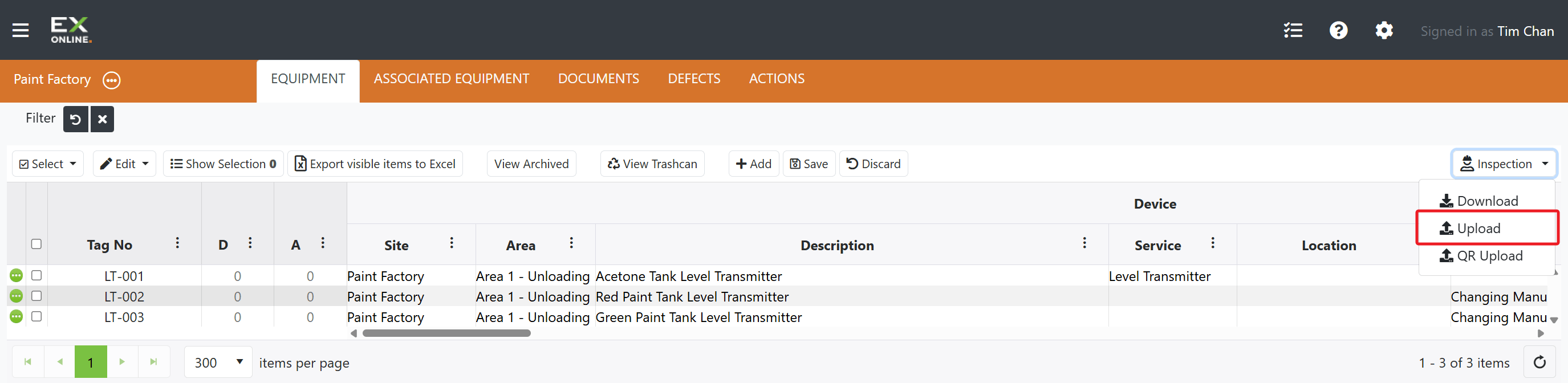 Inspection dropdown with Upload highlighted
