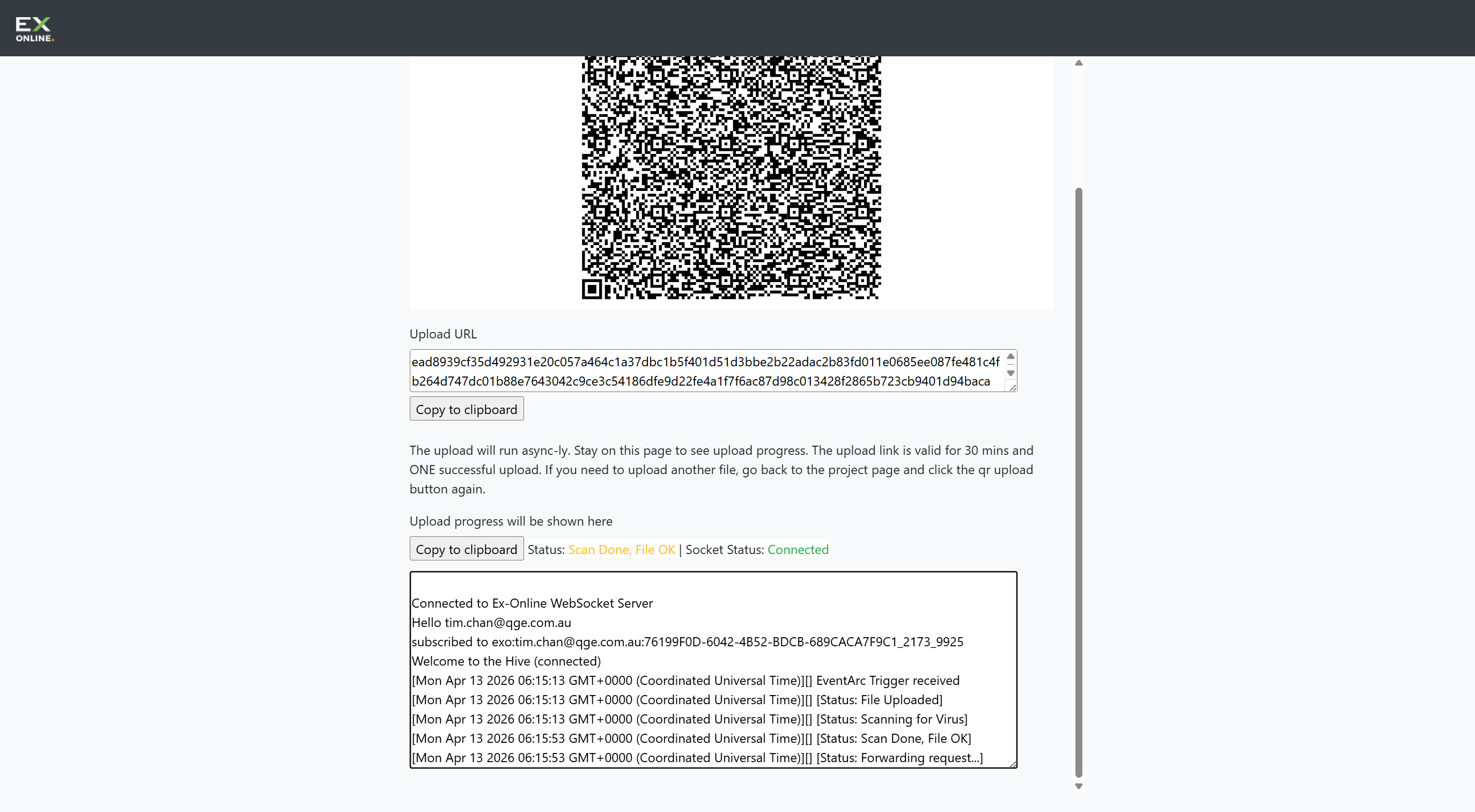QR Upload page showing Status: Scan Done, File OK