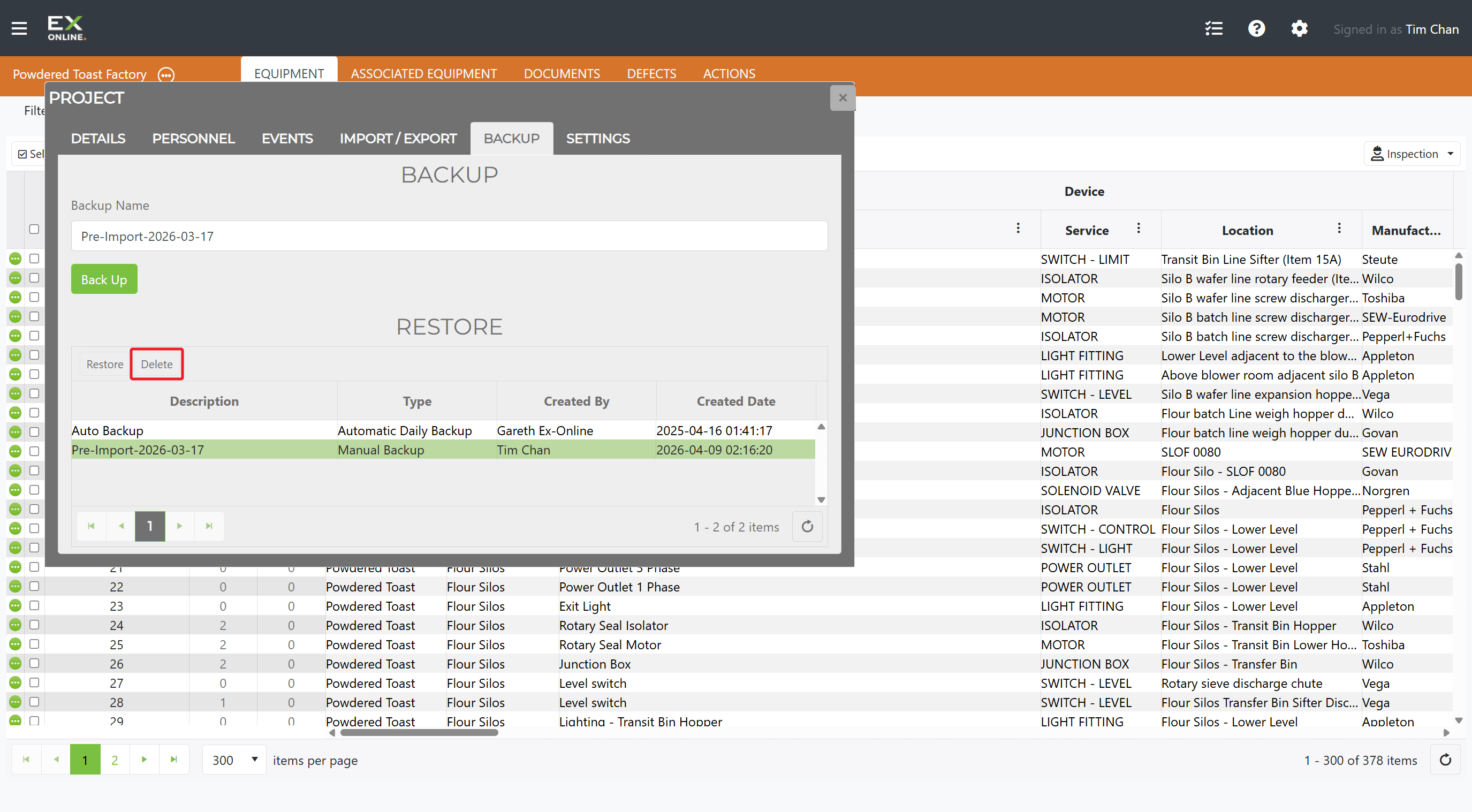 Select a backup and click Delete
