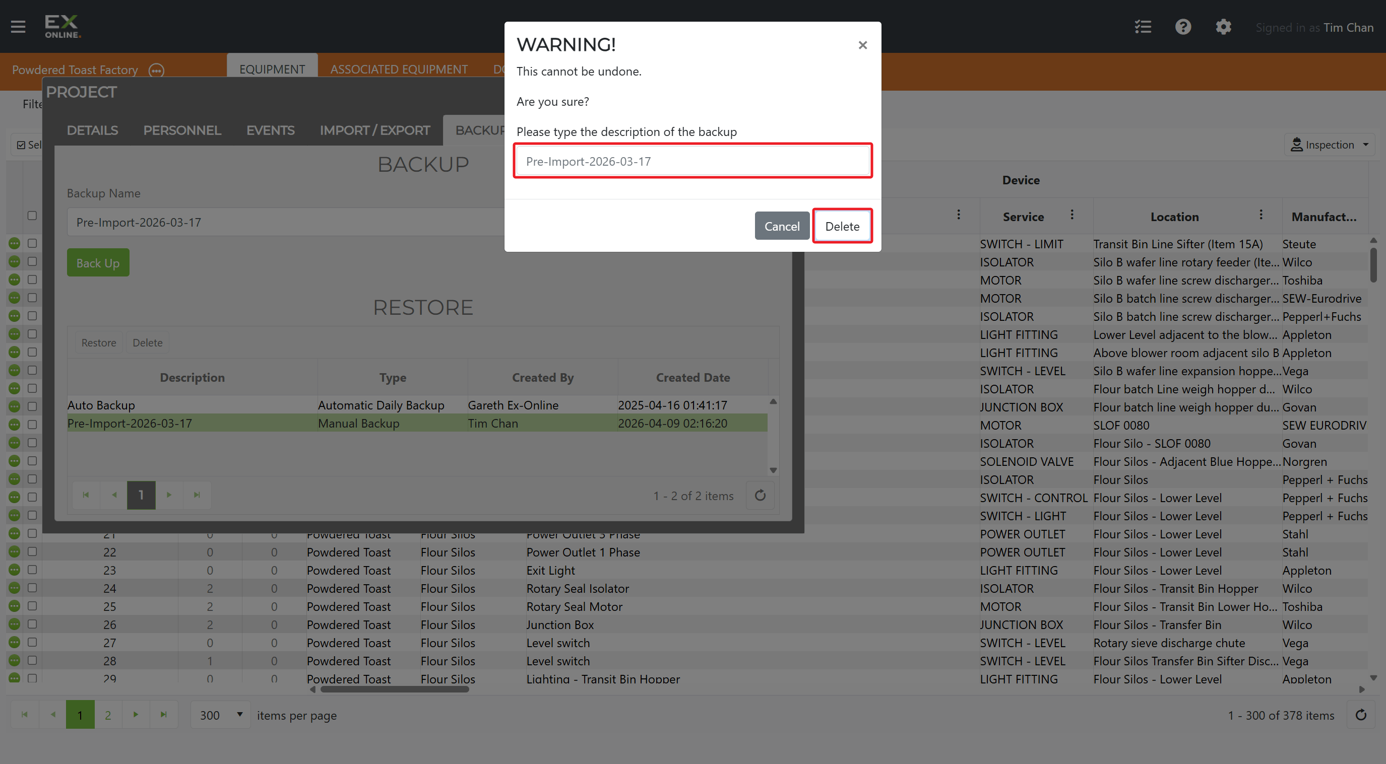 Type the backup name and click Delete to confirm