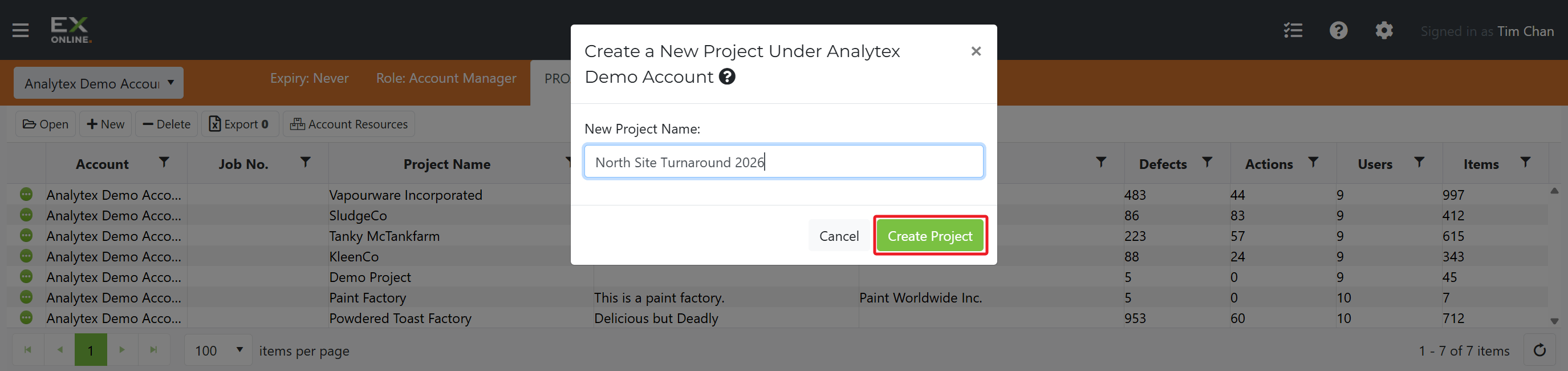 Enter a project name and click Create Project