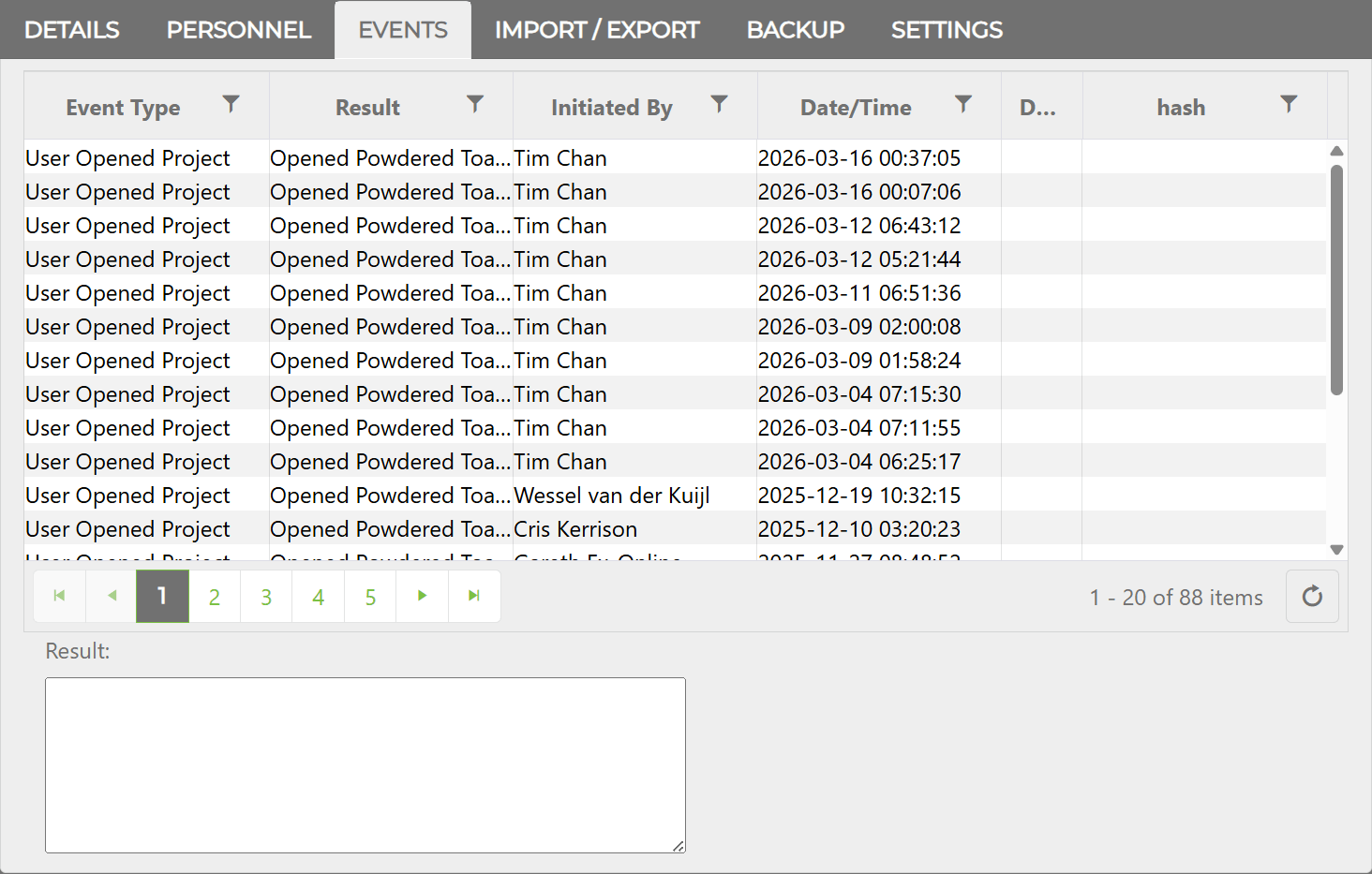 Project Window — Events tab