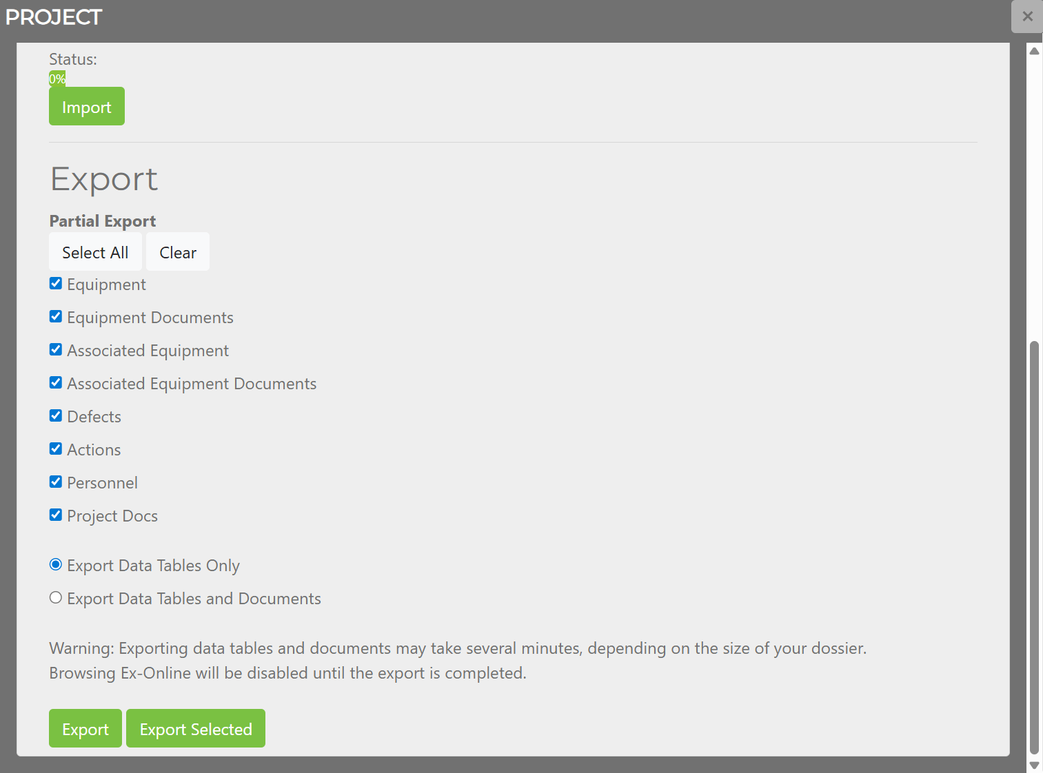 Project Window — Export section