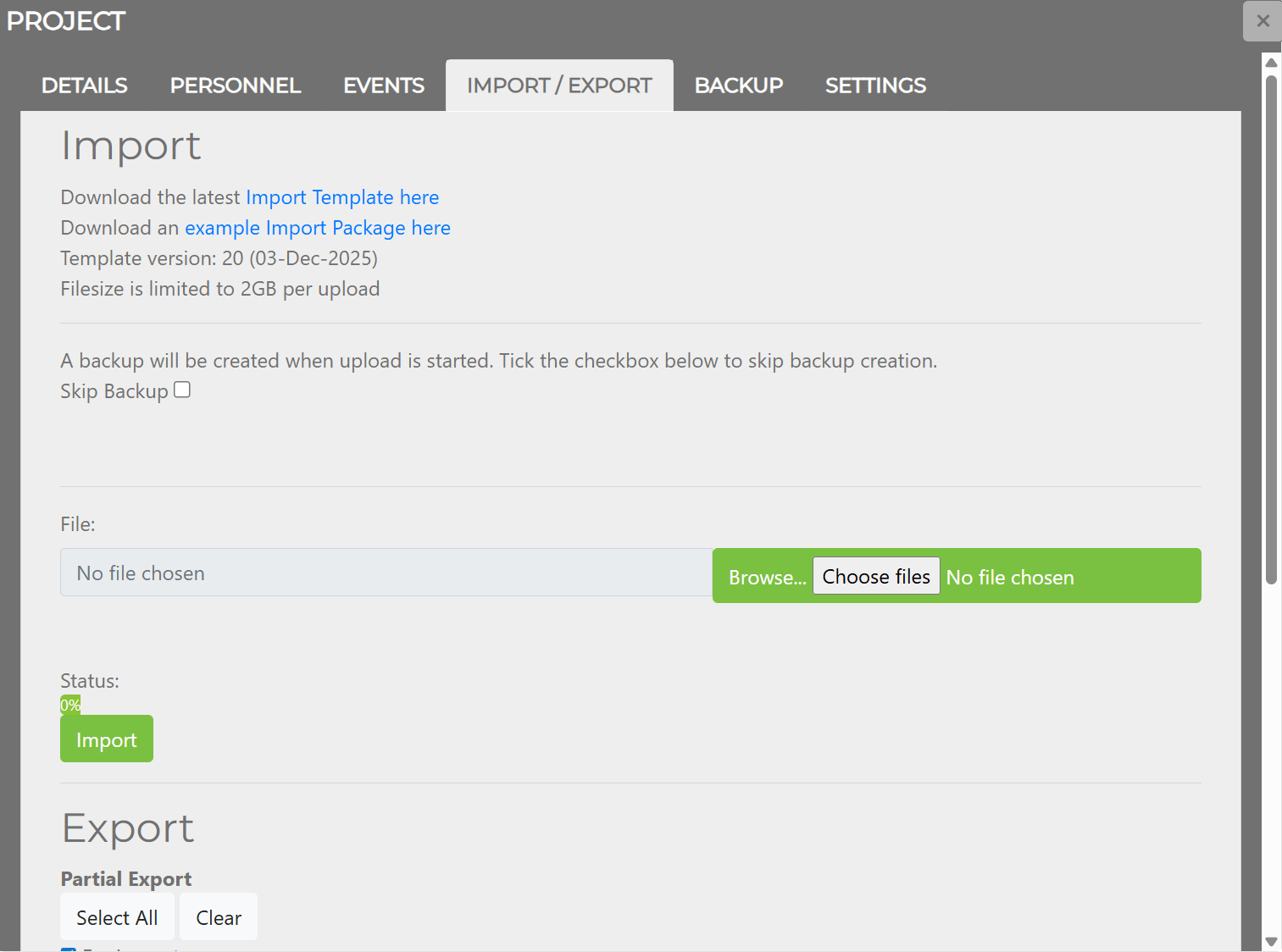 Project Window — Import / Export tab