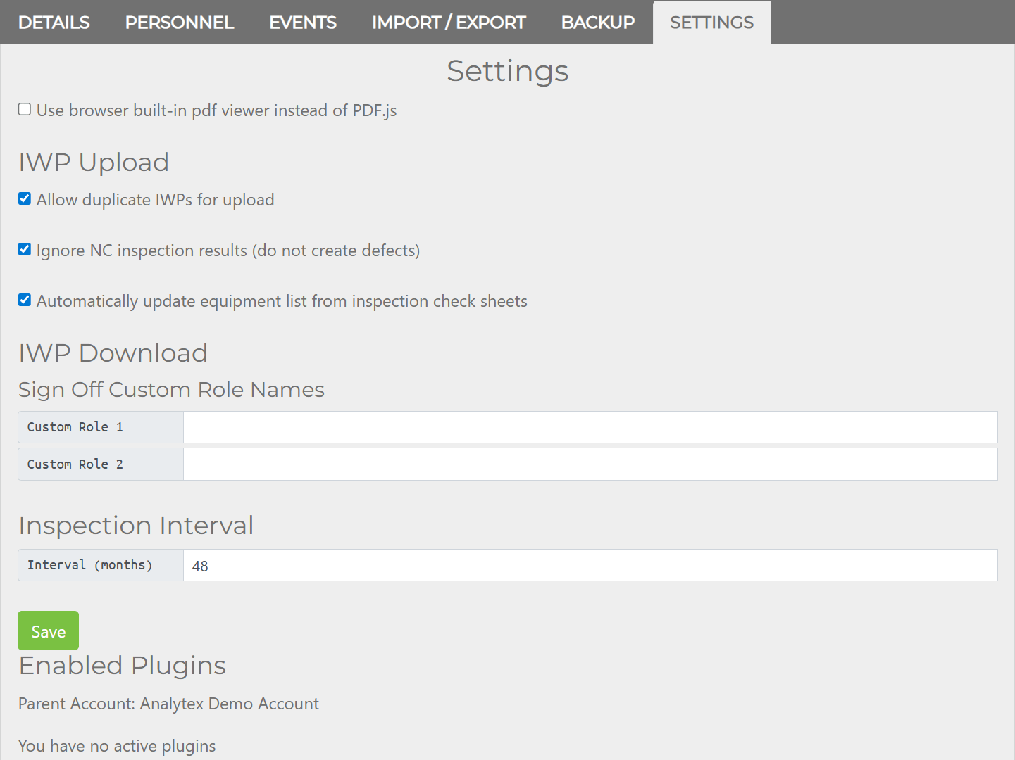 Project Window — Settings tab